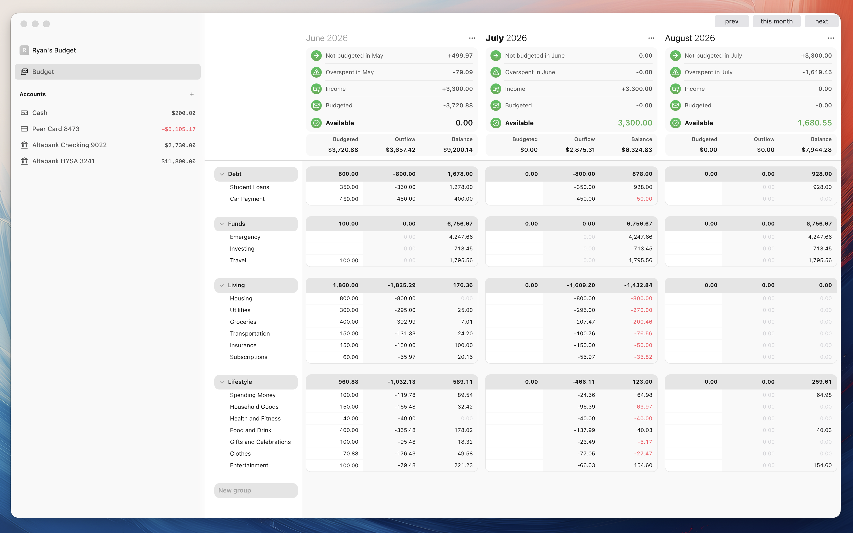 Daybook app showing budget categories and balances